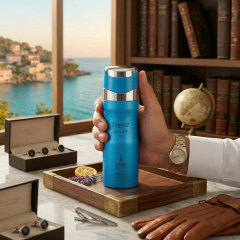 Elite Risala Fayruz body spray 200ml deodorant bottle with floral and fruity scent, shown in a sleek design.