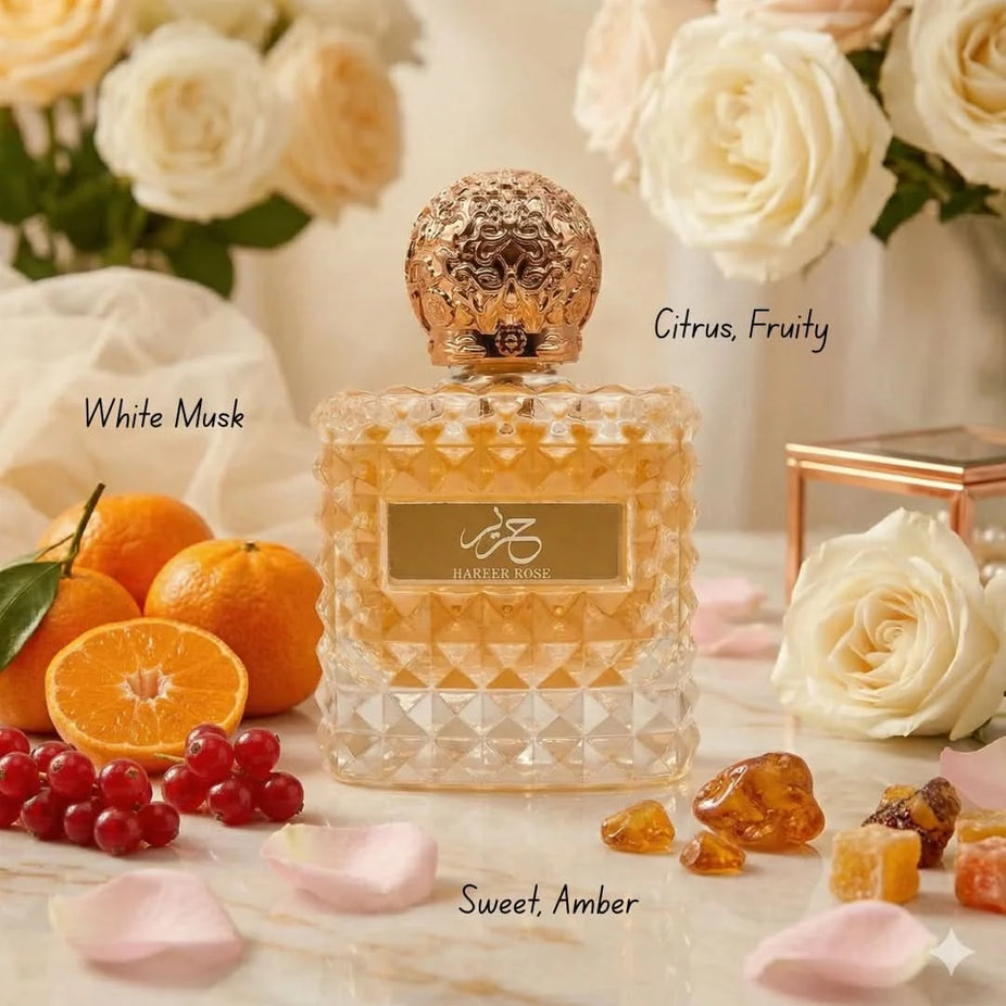 Aura by Aura Hareer Rose Eau De Parfum Spray 100ml bottle with elegant floral design and pink accents.