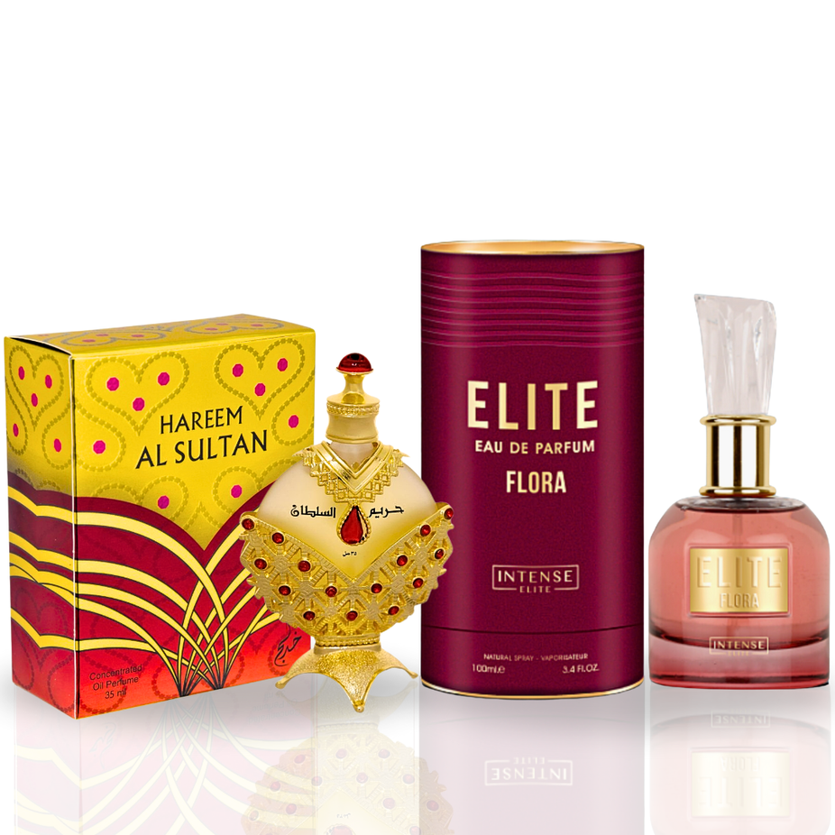 Bundle of Hareem Al Sultan Gold CPO 35ML and Elite Flora EDP 100ML by Intense Oud, featuring luxurious perfume bottles.