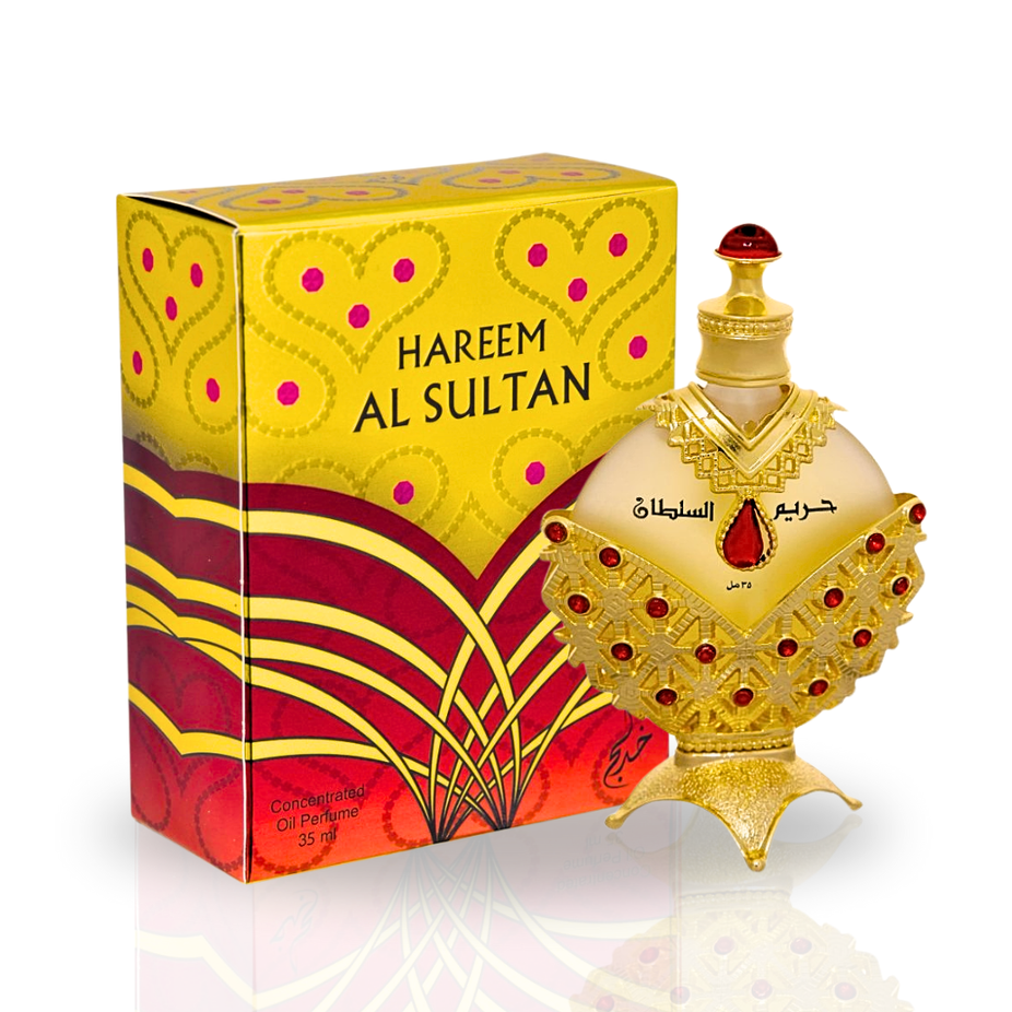 Bundle of Hareem Al Sultan Gold CPO 35ML by Khadlaj and Elite Flora EDP 100ML by Intense Oud, featuring two luxurious perfume bottles.