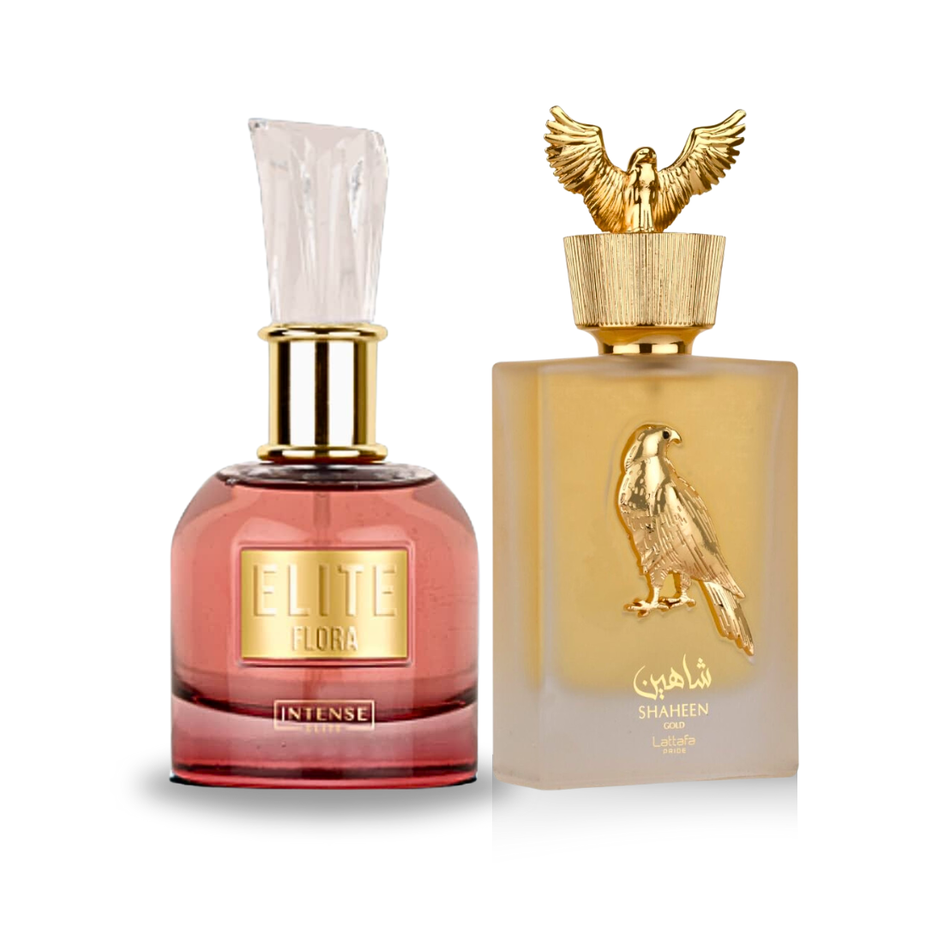 Bundle of Elite Flora EDP by Intense Oud and Shaheen Gold EDP by Lattafa Pride, 100ml bottles, featuring floral and oriental fragrances.