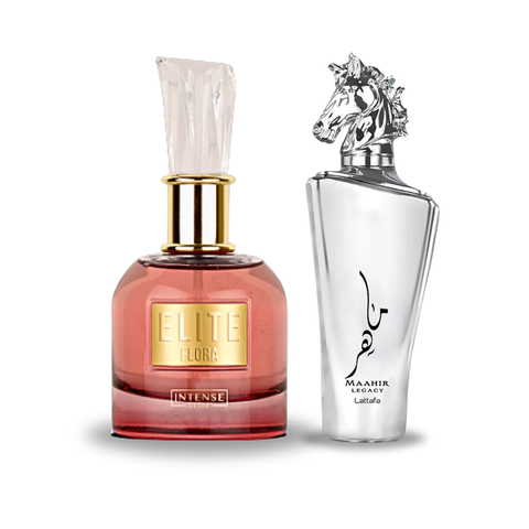 Bundle of Elite Flora EDP and Maahir Legacy EDP perfumes by Intense Oud, 100ml each, featuring elegant bottles and floral and woody scents.