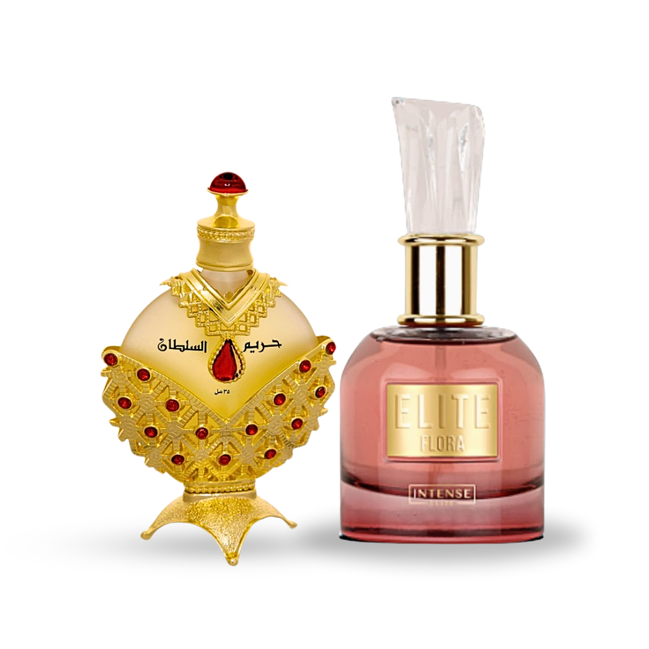 Bundle of Hareem Al Sultan Gold CPO 35ML by Khadlaj and Elite Flora EDP 100ML by Intense Oud, featuring luxurious perfume bottles.