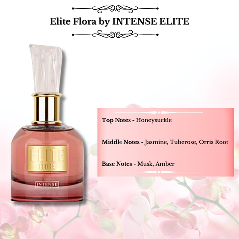 Bundle of Elite Flora EDP and Shaheen Gold EDP by Intense Oud, 100ML each, featuring elegant perfume bottles and packaging.