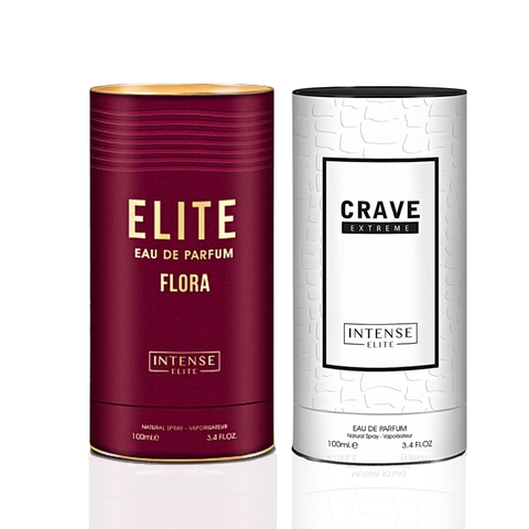 Bundle of Intense Elite Flora For Women and Crave Extreme For Men Eau De Parfum 100ml bottles in a value pack.