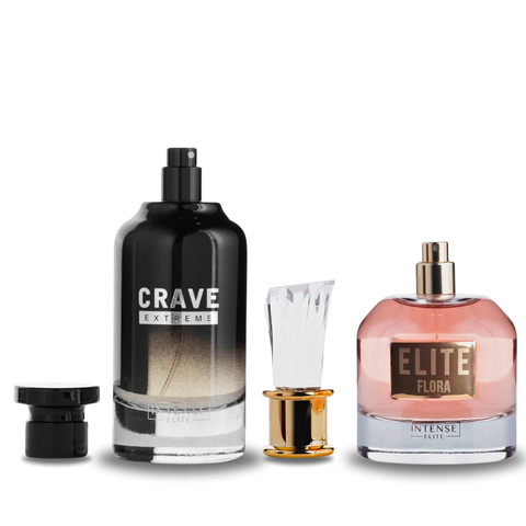 Bundle of two 100ml Intense Elite Flora For Women and Crave Extreme For Men EDP Eau De Parfum bottles in a value pack.
