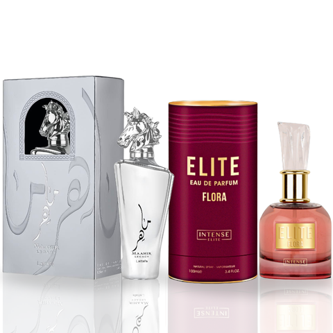 Bundle of Elite Flora EDP and Maahir Legacy EDP by Lattafa Perfumes, featuring two 100ml fragrance bottles in a stylish gift set.