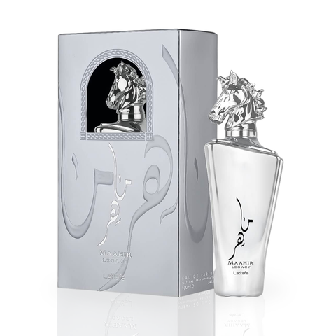 Bundle of Elite Flora EDP and Maahir Legacy EDP by Lattafa Perfumes, featuring two 100ml perfume bottles in a sleek display.