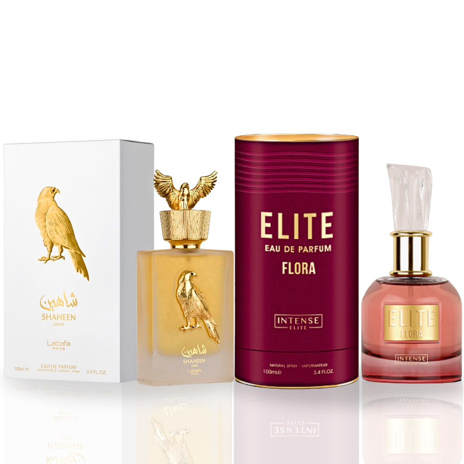 Bundle of Elite Flora EDP and Shaheen Gold EDP by Intense Oud, 100ml each, showcasing elegant perfume bottles.