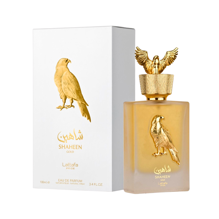 Bundle of Elite Flora EDP by Intense Oud and Shaheen Gold EDP by Lattafa Pride, both 100ML perfume bottles.