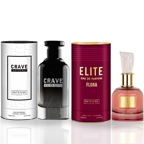 Bundle of Intense Elite Flora For Women and Crave Extreme For Men 100ML Eau De Parfum bottles in a value pack.