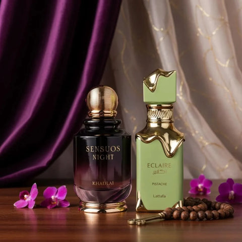 Bundle of Intense Oud Eclaire Pistache and Sensuos Night Khadlaj Eau de Parfum sprays, 100ml each, with elegant bottle designs.