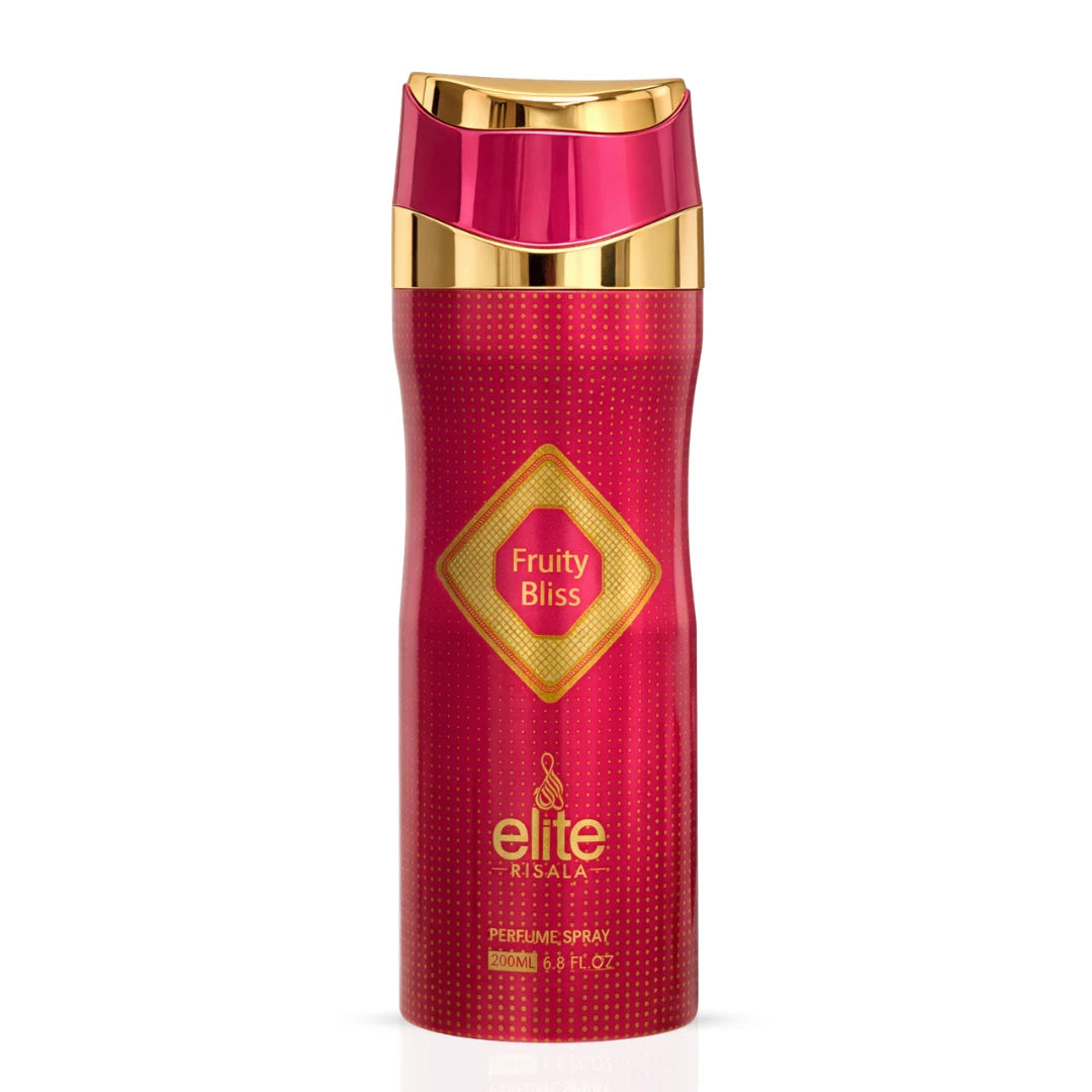 Elite Risala Fruity Bliss perfumed body spray in 200ml bottle, featuring a vibrant, fruity scent perfect for refreshing skin.