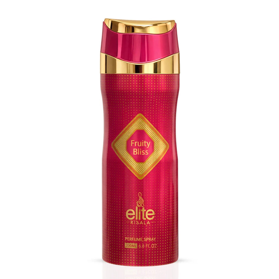Fruity Bliss perfumed body spray by Elite Risala, 200ml, featuring a decorative spray bottle with vibrant fruit illustrations.