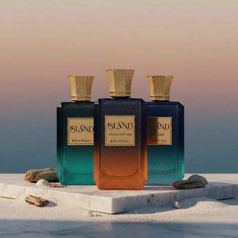 Khadlaj Island Dreams and Vanilla Dunes Eau de Parfum spray bundle, 100ml bottles, featuring tropical and vanilla fragrance themes