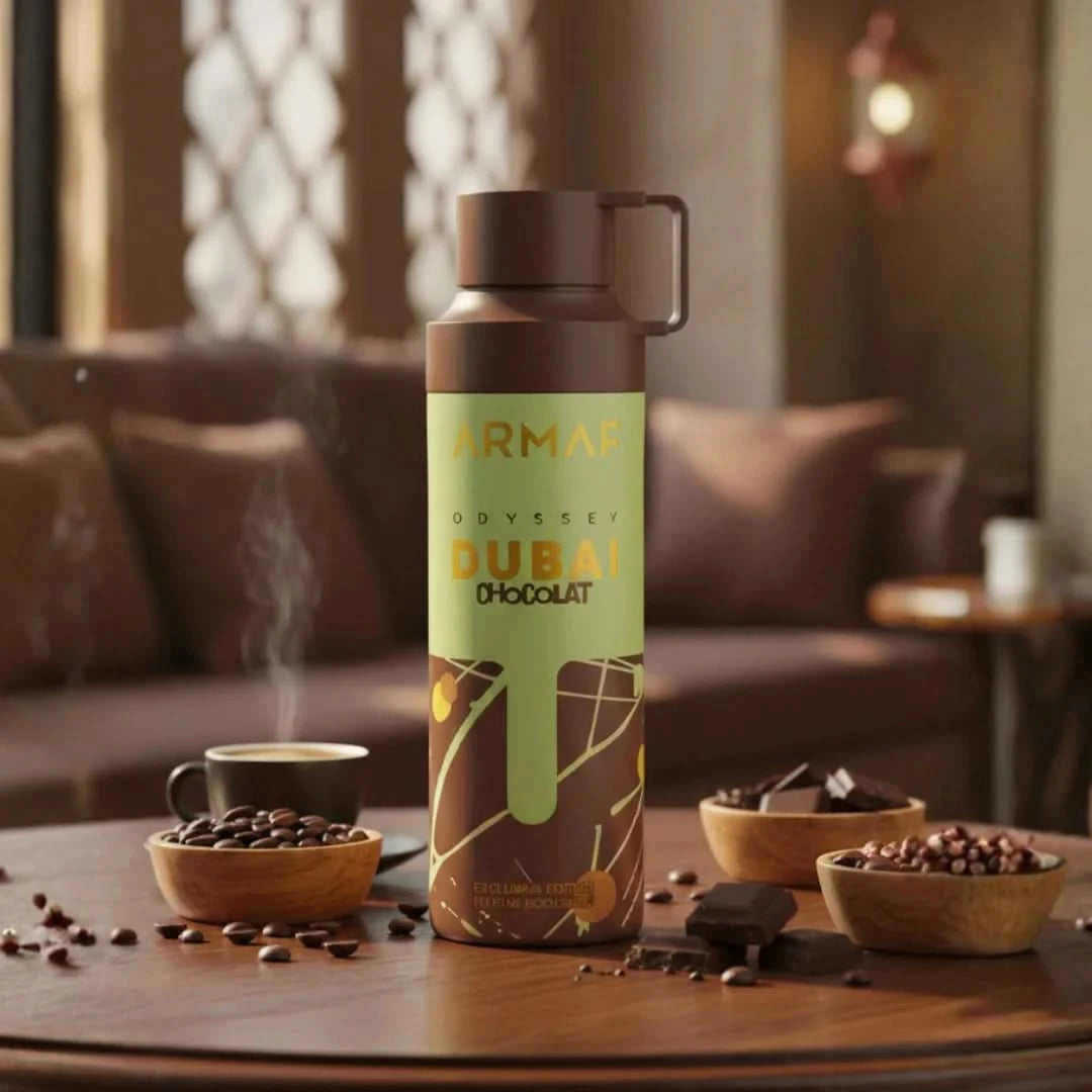 Odyssey Dubai Chocolate Perfumed Body Spray by Armaf, 200ml deodorant bottle with chocolate scent and elegant packaging.