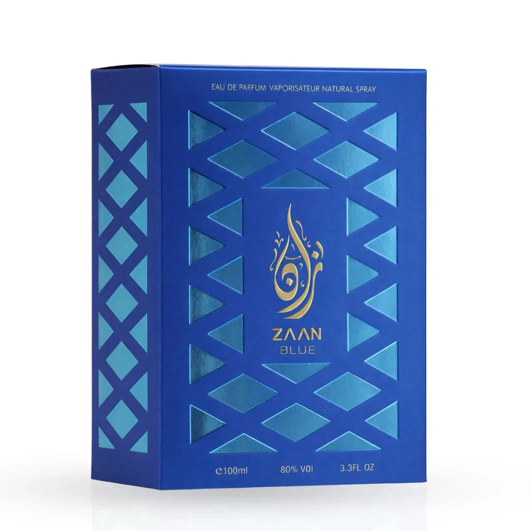 Aura Fragrances Zaan Blue Eau De Parfum spray bottle, 100ml, featuring a sleek blue design and elegant packaging.