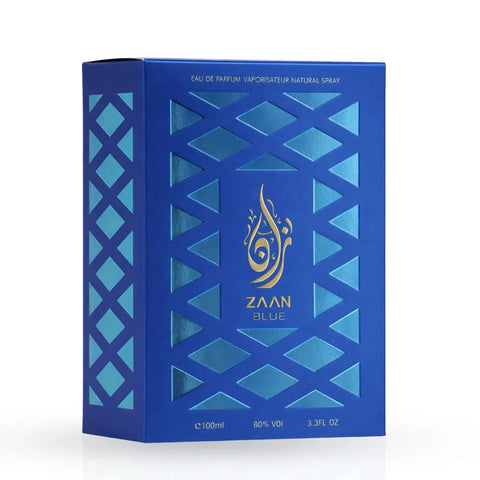Aura Fragrances Zaan Blue Eau De Parfum spray bottle, 100ml, featuring a sleek blue design and elegant packaging.