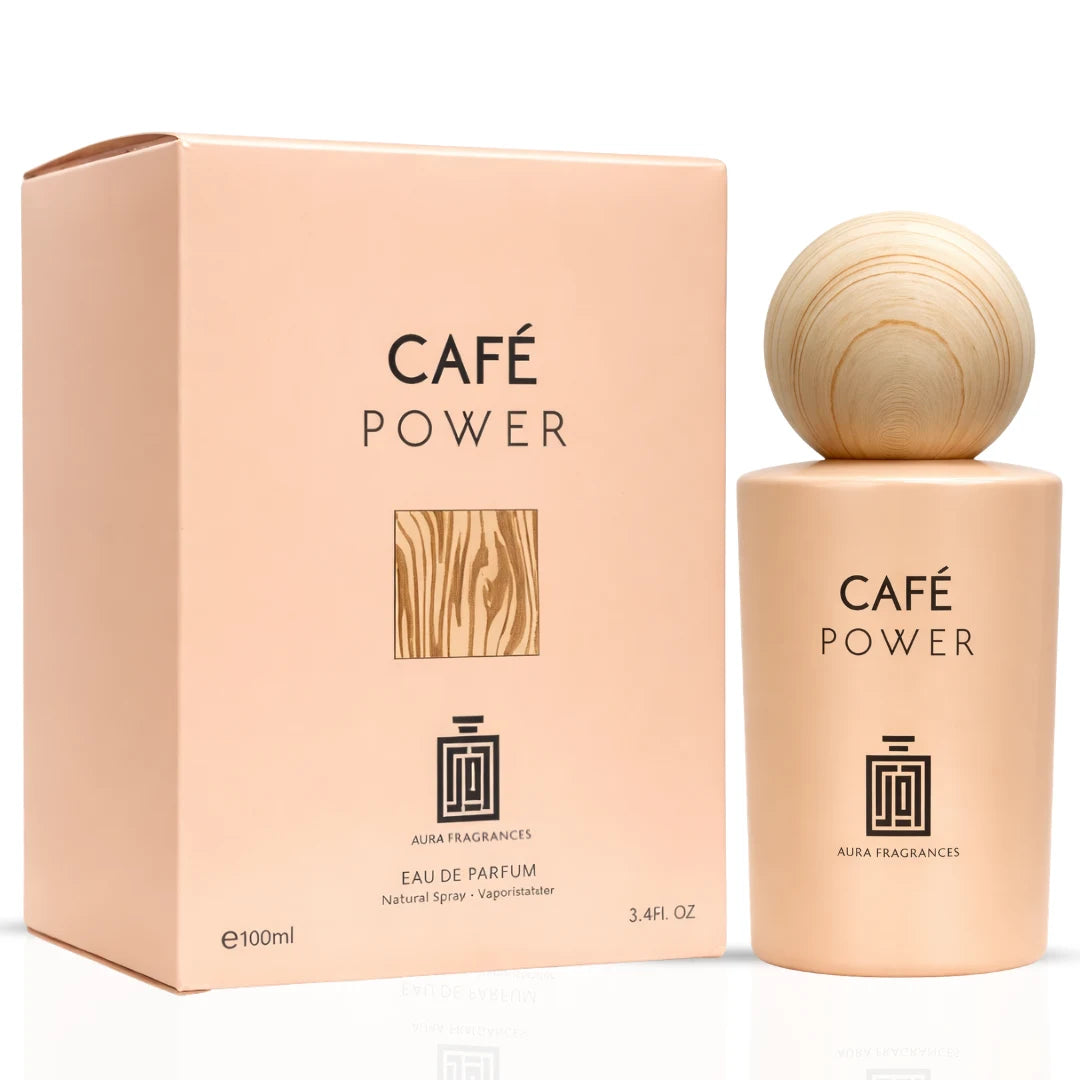 Aura Fragrances Cafe Power Eau De Parfum spray 100ml bottle with elegant design, showcasing the fragrance's sophisticated packaging.