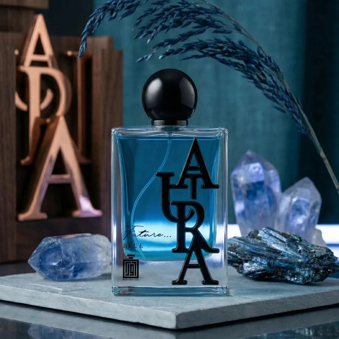 Aura Fragrances Future Blue Eau De Parfum Spray 100ml bottle, sleek design, showcasing the elegant fragrance packaging.