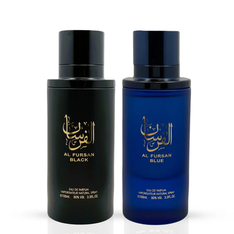 Aura Fragrances Al Fursan Black and Blue Eau De Parfum Spray bundle, 100ml bottles, featuring elegant perfume packaging.