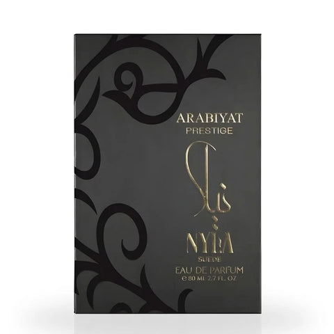 Arabiyat Prestige Nyla Suede Eau de Parfum spray 80ml bottle with sleek design and elegant label, showcasing luxury fragrance.