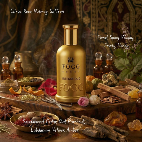 Fogg Intense Oriental Eau de Parfum for Men featuring oud, amber, and woody notes in a 100ml spray bottle.
