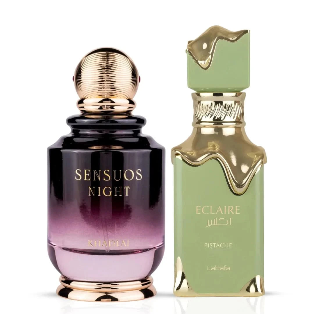 Bundle of Intense Oud Eclaire Pistache and Sensuos Night Khadlaj Eau de Parfum sprays, 100ml each, featuring elegant glass bottles.