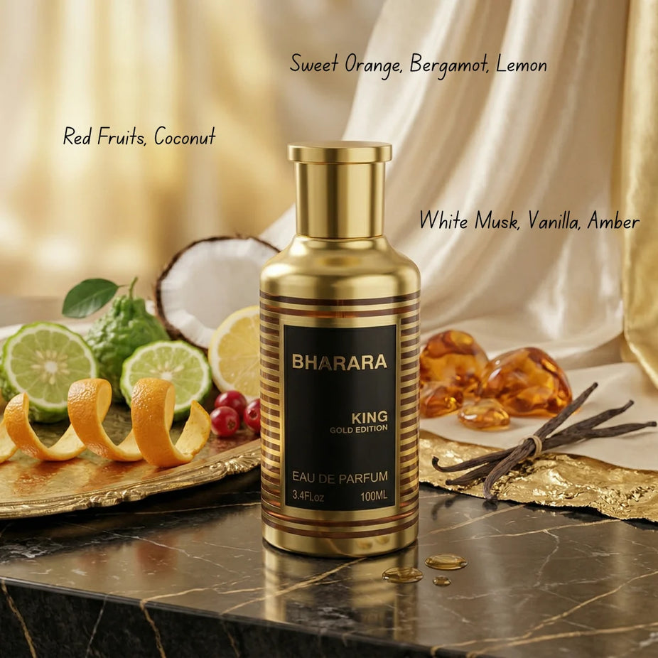 Bharara King Gold Edition Eau de Parfum spray bottle, 100ml, with gold accents and elegant packaging.