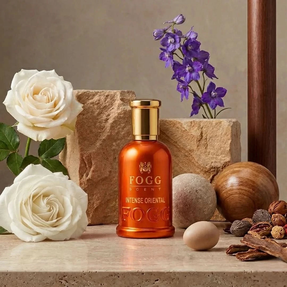 Fogg Intense Oriental Eau de Parfum spray for men, 100ml, with a sleek bottle design and dark aromatic fragrance.