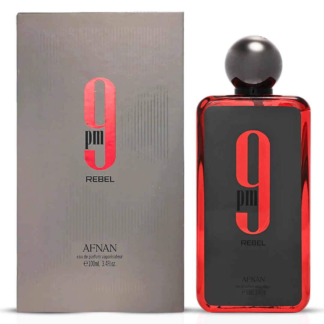 Afnan 9PM Rebel Night Out Eau De Parfum spray bottle from the collection, 100ml, featuring a sleek design and floral fragrance.
