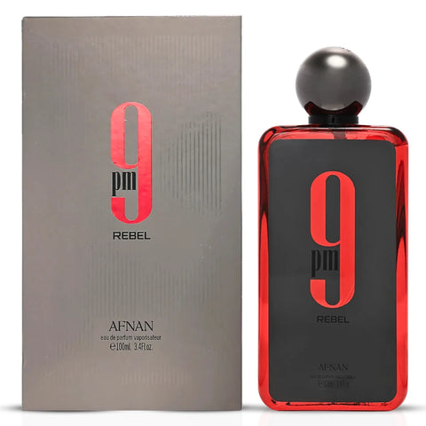 Afnan 9PM Rebel Night Out Eau De Parfum spray bottle from the collection, 100ml, featuring a sleek design and floral fragrance.