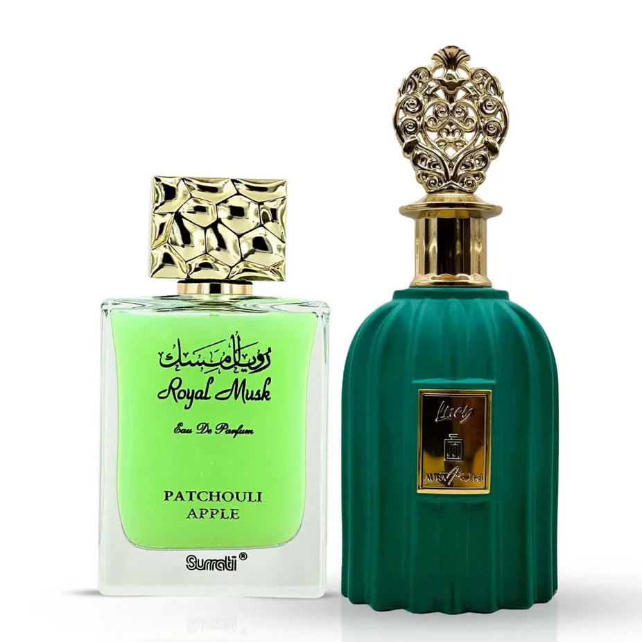 Bundle of Intense Oud Royal Musk Patchouli Apple and Aura Art Lucy Eau de Parfum sprays, 100ml each, featuring elegant perfume bottles.