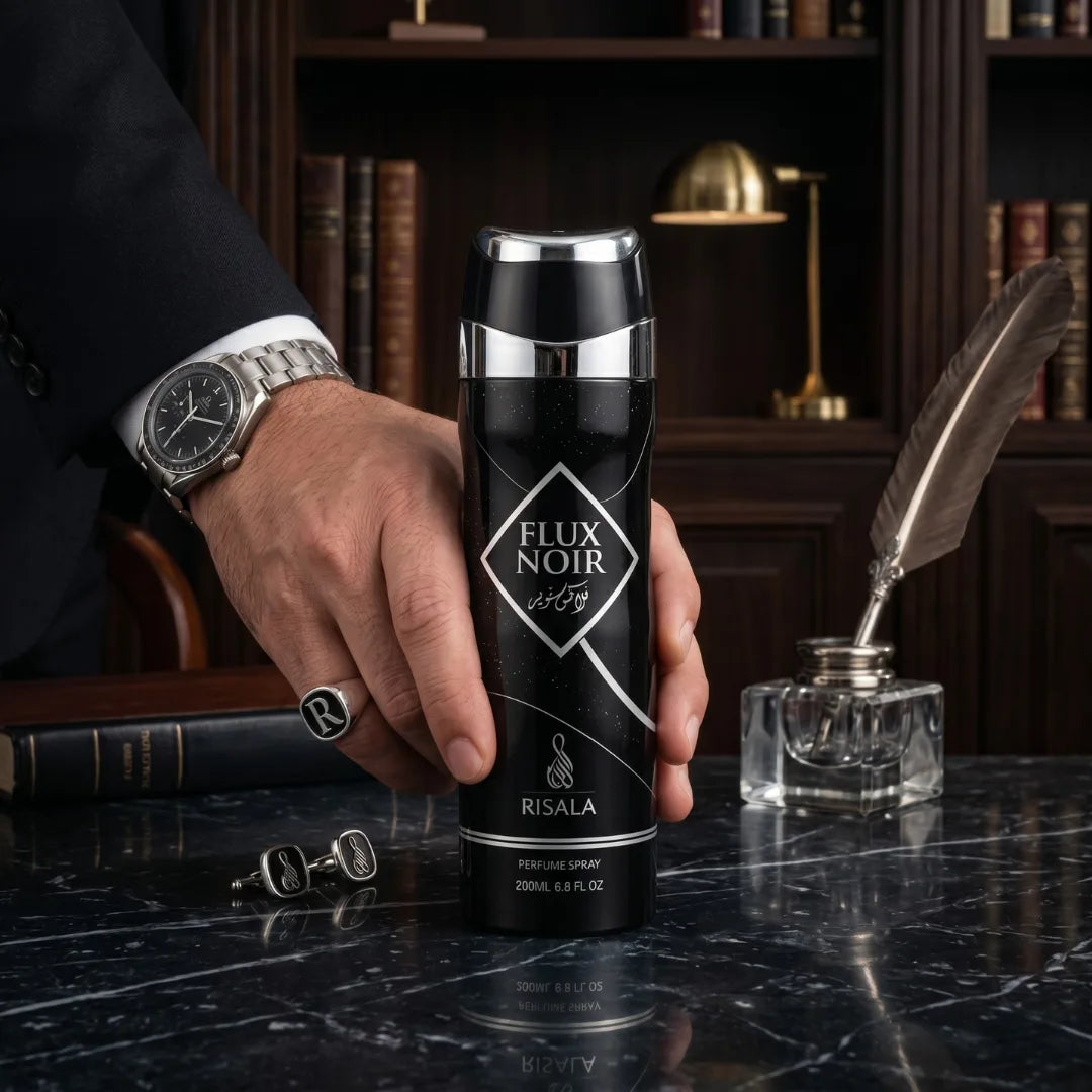 Flux Noir Body Spray by Elite Risala, 200ml deodorant bottle with sleek black design and spray nozzle.
