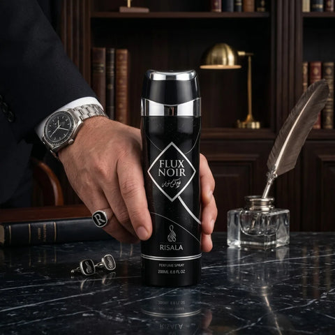 Flux Noir Body Spray by Elite Risala, 200ml deodorant bottle with sleek black design and spray nozzle.