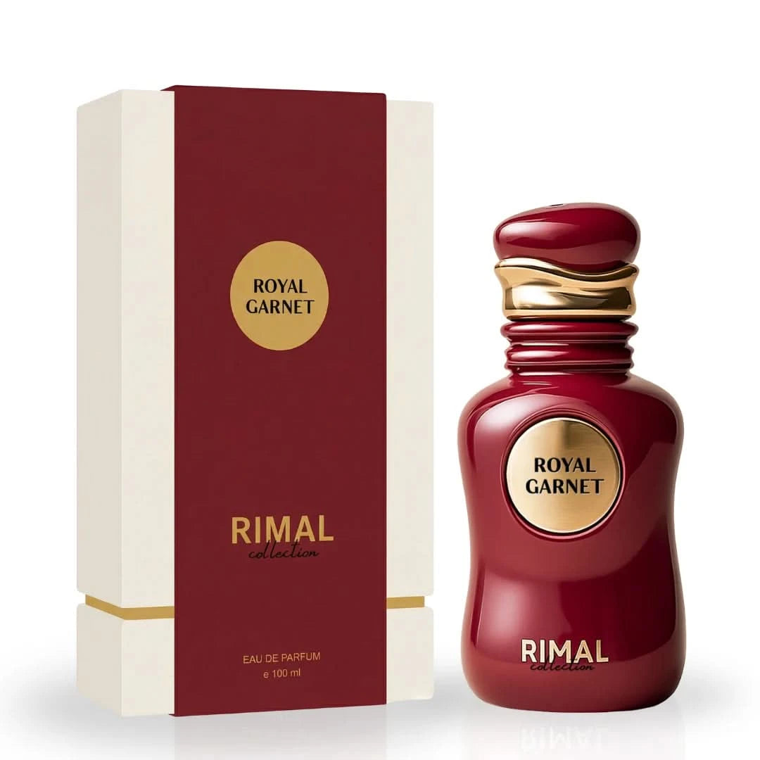 Royal Garnet Eau de Parfum Spray by Rimal Collection, 100ml, elegant glass bottle with deep red liquid.
