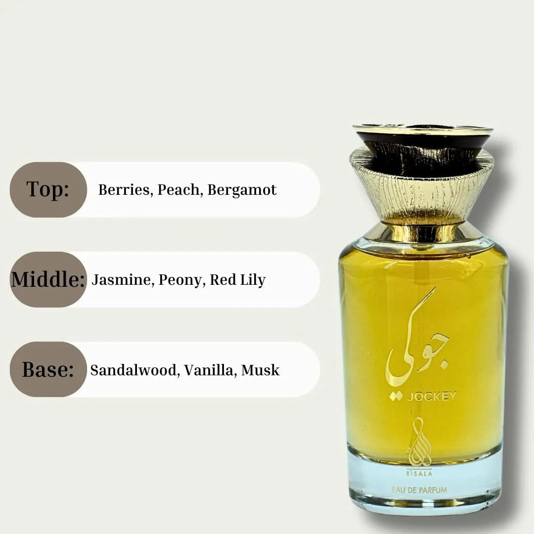 RISALA Jockey EDP Eau De Parfum 100ML bottle with velvet pouch, showcasing sleek glass design and elegant branding.