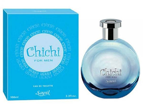 Chichi for Men EDT by Sapil 100ml bottle with velvet pouch, featuring sleek glass design and elegant packaging.