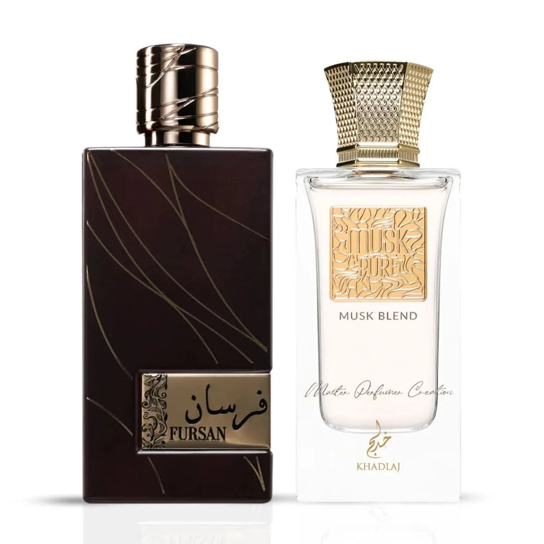 Khadlaj Fursan Brown Eau de Parfum 100ml and Musk Pure Musk Blend Eau de Parfum 60ml bundle bottles with spray caps
