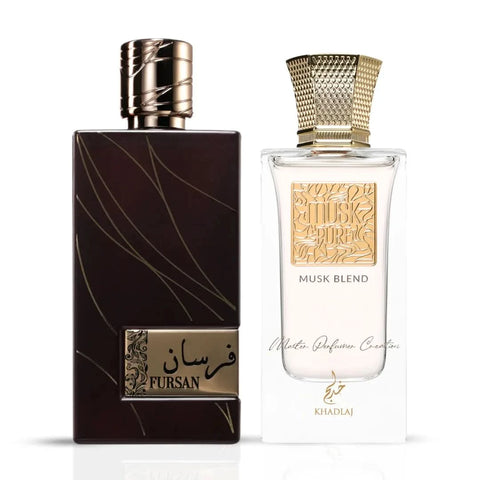 Khadlaj Fursan Brown Eau de Parfum 100ml and Musk Pure Musk Blend Eau de Parfum 60ml bundle bottles with spray caps
