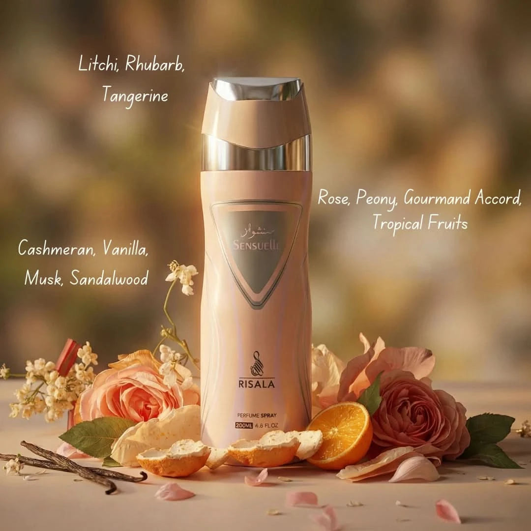 Risala Sensuelle Eau de Parfum spray and perfumed body spray bundle, 100ml and 200ml bottles, with elegant packaging.