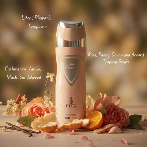 Risala Sensuelle Eau de Parfum spray and perfumed body spray bundle, 100ml and 200ml bottles, with elegant packaging.