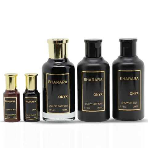 Bharara Onyx 5-piece fragrance gift set with elegant bottles including perfumes and sprays by BHARARA.