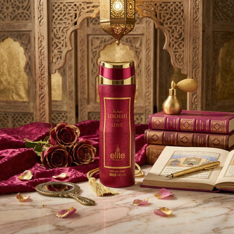 Elite Risala Hikmah Of Love Body Spray 200ml deodorant bottle, featuring a sleek design and floral scent.