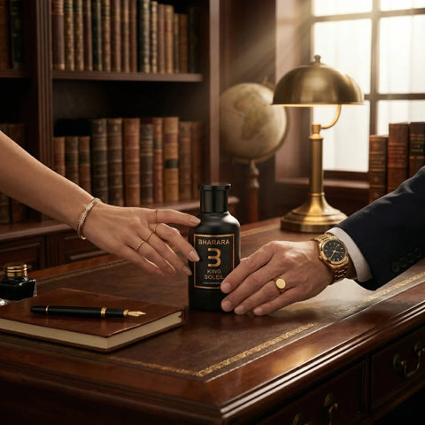 Bharara King Soleil Eau de Parfum spray 100ml, elegant glass bottle with gold accents, showcasing luxurious fragrance packaging.