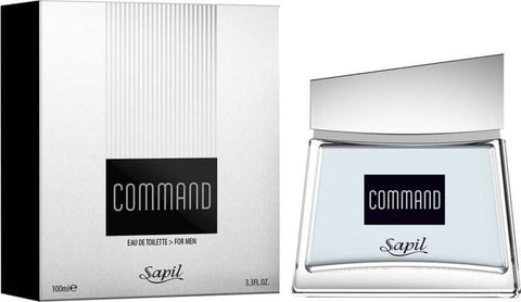 Sapil Command for Men EDT bottle with velvet pouch, 100 ML, featuring sleek design and modern fragrance packaging.