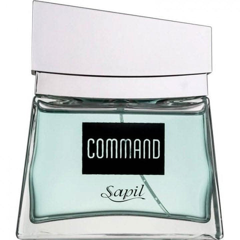 Sapil Command for Men EDT 100ml bottle with velvet pouch, featuring sleek glass design and stylish cap.