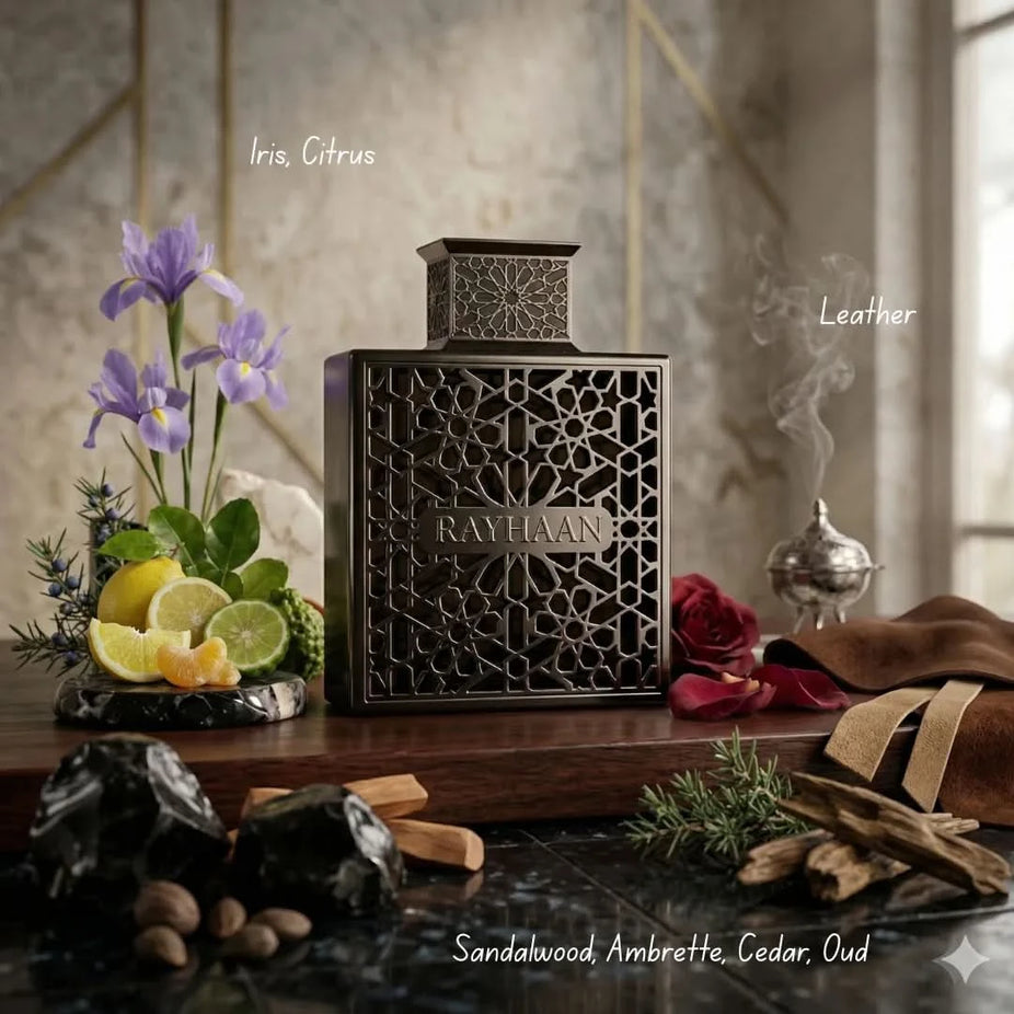 Rayhaan Obsidian Eau de Parfum spray 100ml bottle, dark glass with sleek design, showcasing the Rayhaan brand and elegant fragrance.
