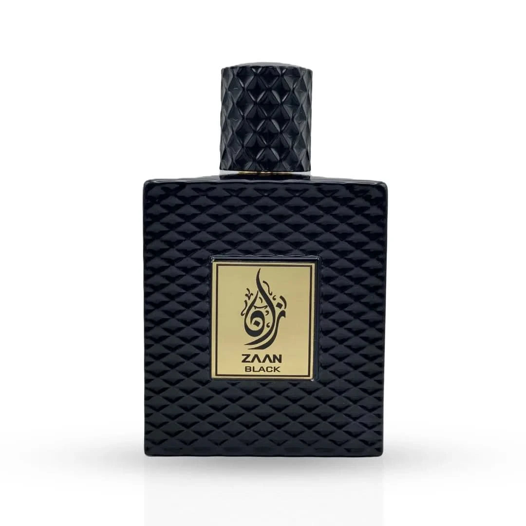 Aura Fragrances Zaan Black Eau De Parfum spray 100ml bottle, sleek black design, showcasing the stylish perfume container.