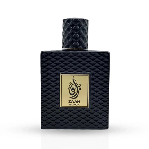 Aura Fragrances Zaan Black Eau De Parfum spray 100ml bottle, sleek black design, showcasing the stylish perfume container.